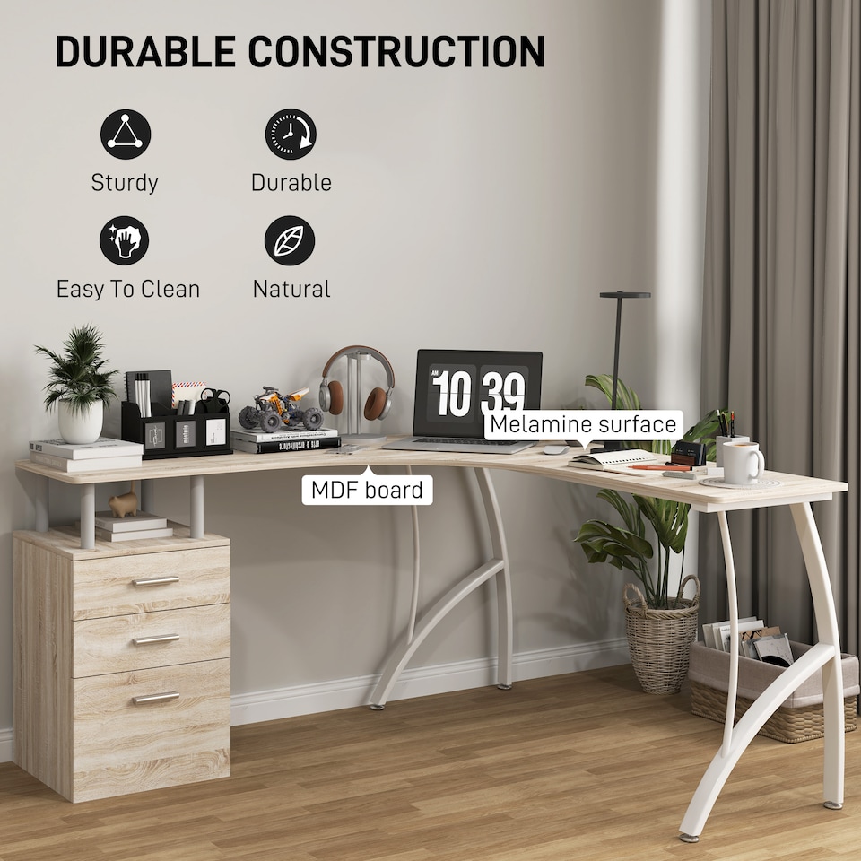 image 1 of HOMCOM L-Shaped Computer Desk Table with Storage Drawer, Home Office Desk Corner Industrial Style Workstation for A4 Files 143.5 x 143.5 x 76cm, Oak | Yellow