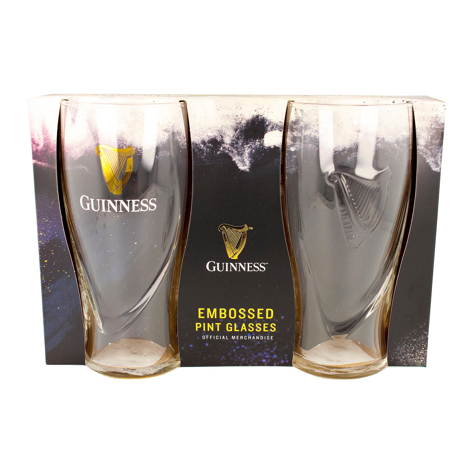 Guinness Embossed Pint Glass Set - 2 Piece Large Reusable Glass Craft Beer Drinking Tulip Lager Ale Pub Kitchen Tumbler Cups Set