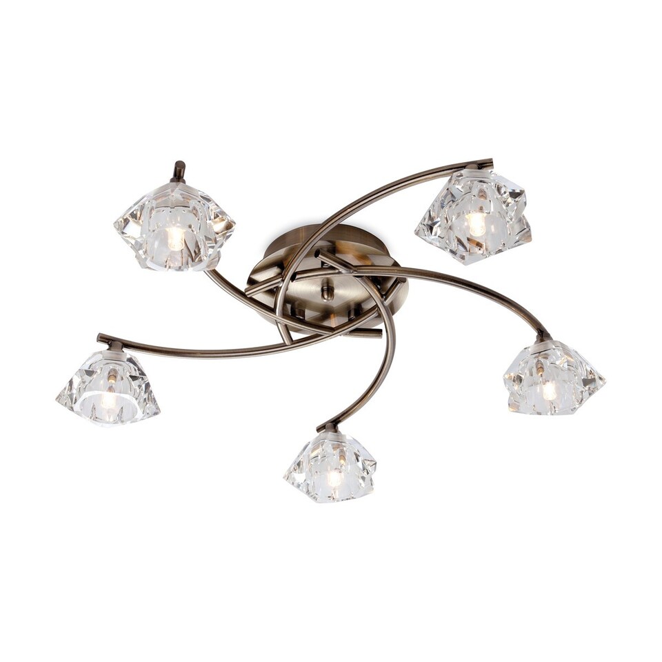 Clara 5 Light Flush Multi Arm Ceiling Light Antique Brass, Clear Glass, G9