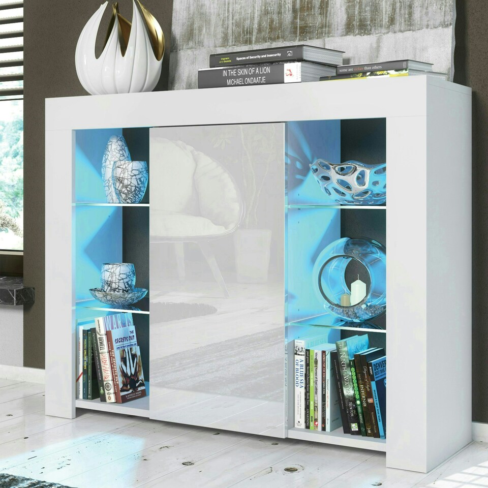 image 1 of Sideboard 97.5cm White Gloss Door White Matt Body Glass Shelves Free LED White