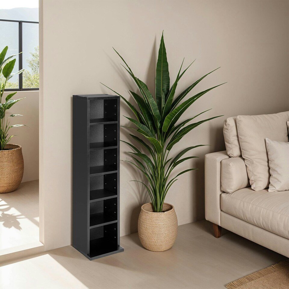 image 1 of CD DVD Storage Tower Media Display Unit Adjustable Shelves Wood Effect 102 CDs or 27 DVDs Black