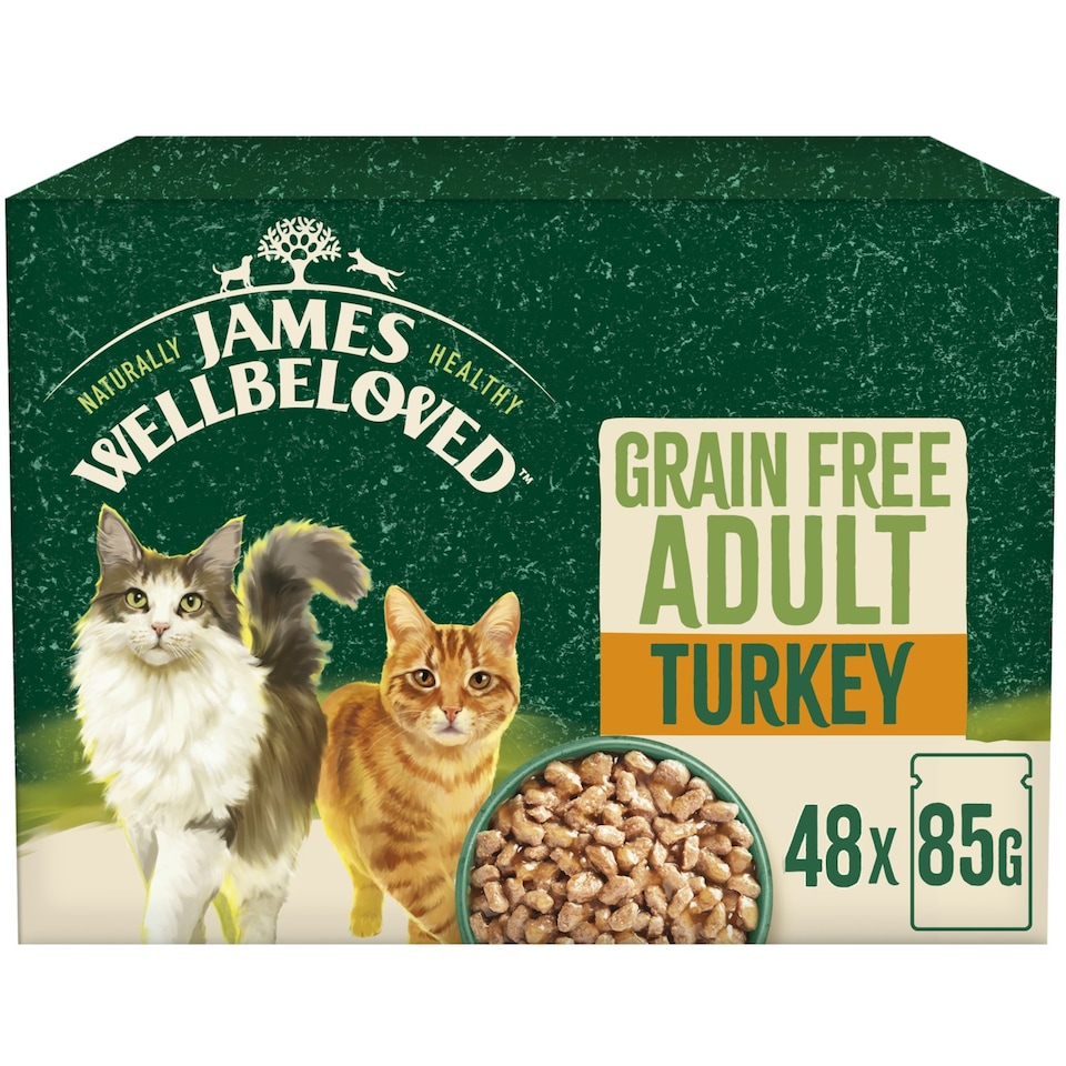 image 1 of James Wellbeloved Grain Free Adult Wet Cat Food Pouches Turkey in Gravy 48 x 85g