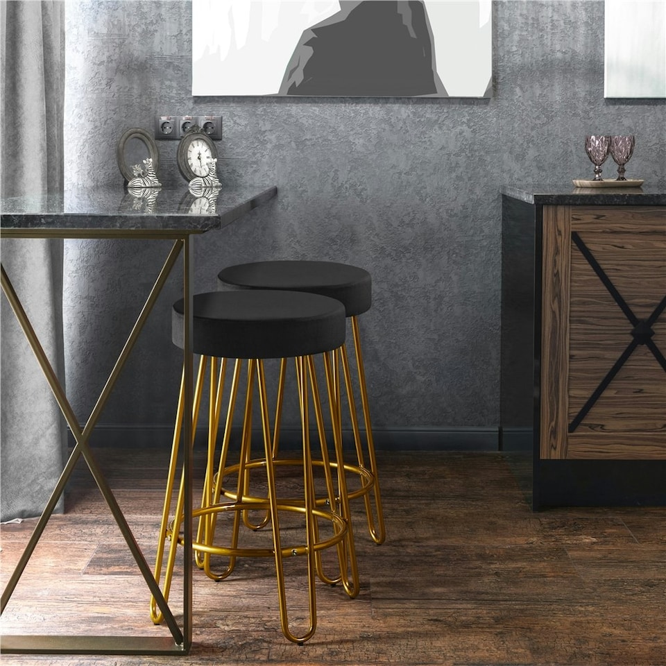 image 1 of Yaheetech 67 cm Tall Upholstered Velvet Counter Stools Black