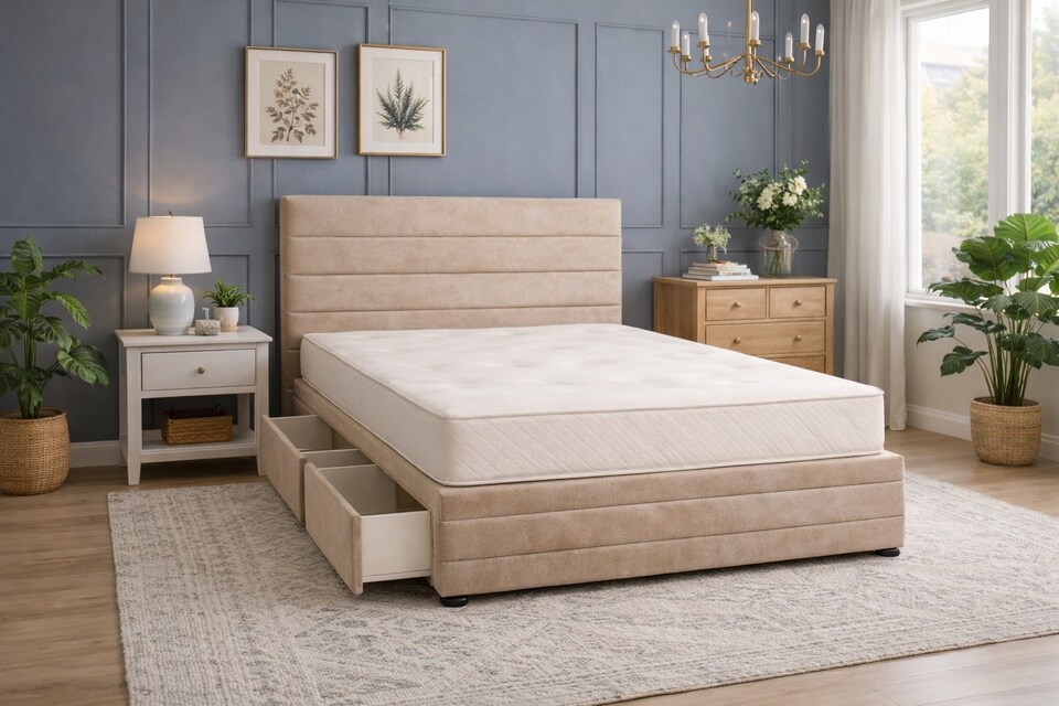 image 1 of Divan Bed Set Headboard and Footboard with Mattress 4ft6 Double Beige Suede Storage 2 Drawers Right Side Laying in Bed