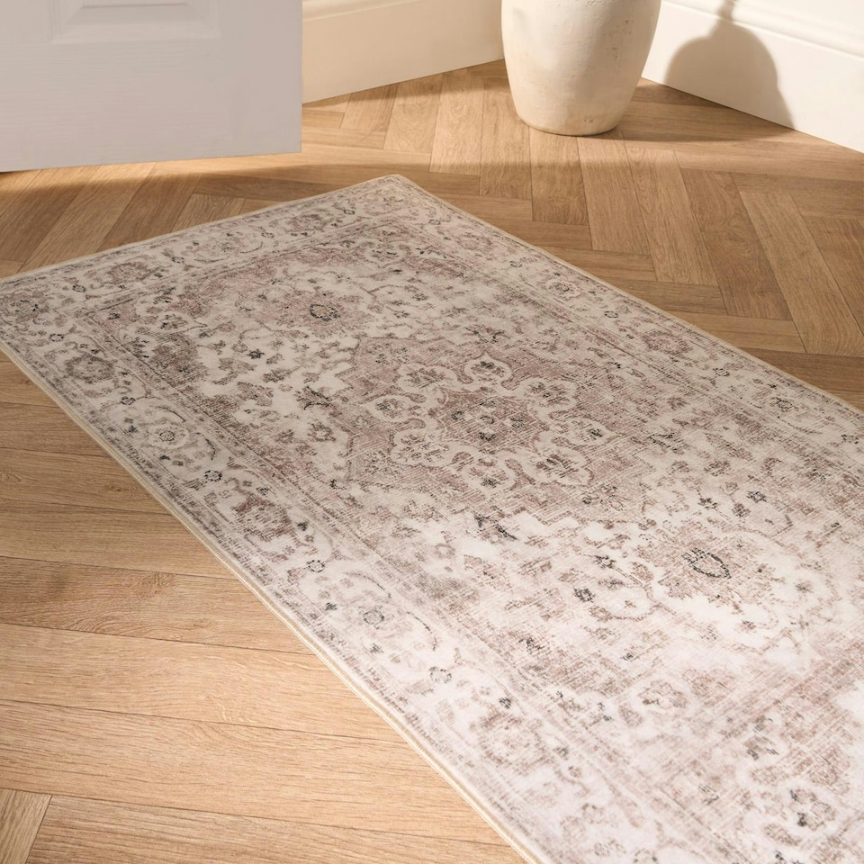 image 1 of OHS Vintage Print Washable Indoor Carpet Floor Rug Runner, 66x200cm - Natural Yellow | Natural | 66x200cm