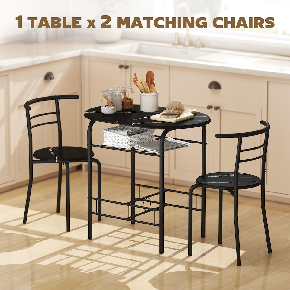 image 1 of HOMCOM Breakfast Bar Table and Stools Set, Dining Room Set with Shelf, Black | Black | Black