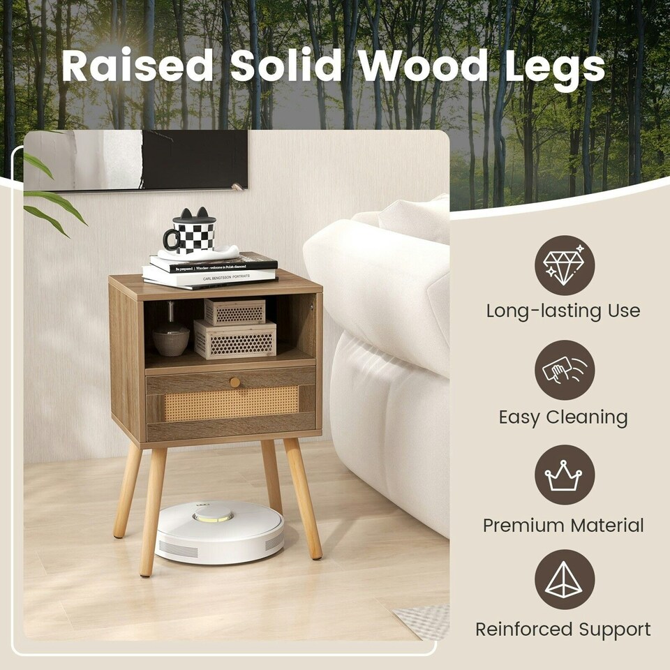 image 1 of COSTWAY 2 Pcs Rattan Nightstand Compact Bedside Table Brown