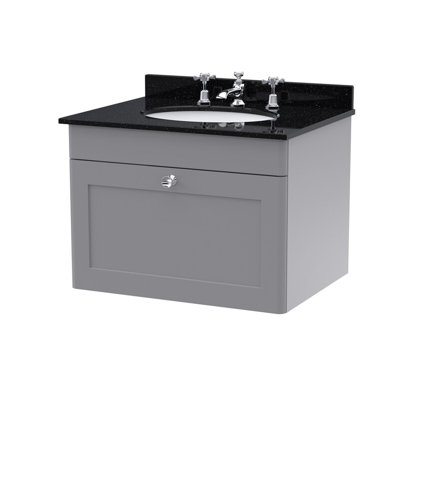 image 1 of Balterley Swynnerton Traditional 1 Drawer Wall Hung Vanity Unit with Marble Basin, Satin Grey, 600mm