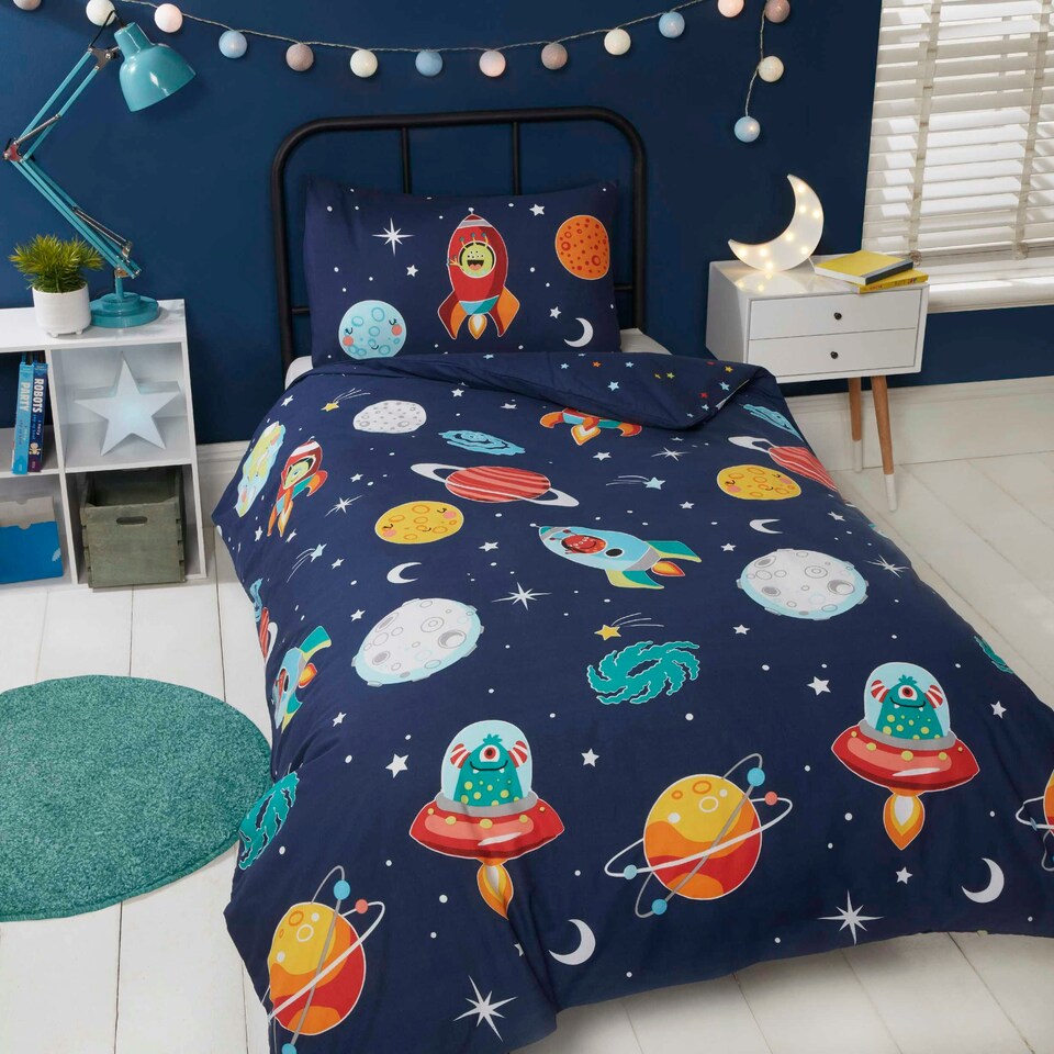 image 1 of Space and Aliens Glow in the Dark Duvet Cover Set with Pillowcase Multi | Single