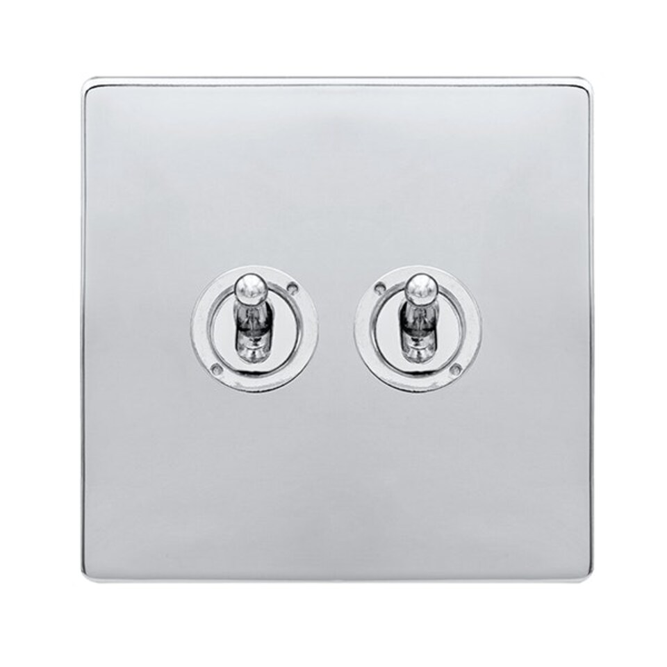 SE HOME Polished Chrome Screwless Plate 2 Gang 2 Way 10AX Toggle Light Switch - SE Home Black | Polished