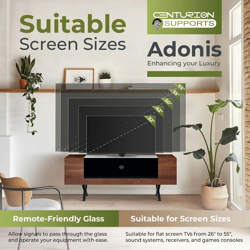 image 1 of Centurion Supports ADONIS Walnut with Black Contrast Beam-Thru Remote Friendly Door 26"-55” Flat Screen TV Cabinet Brown | Black