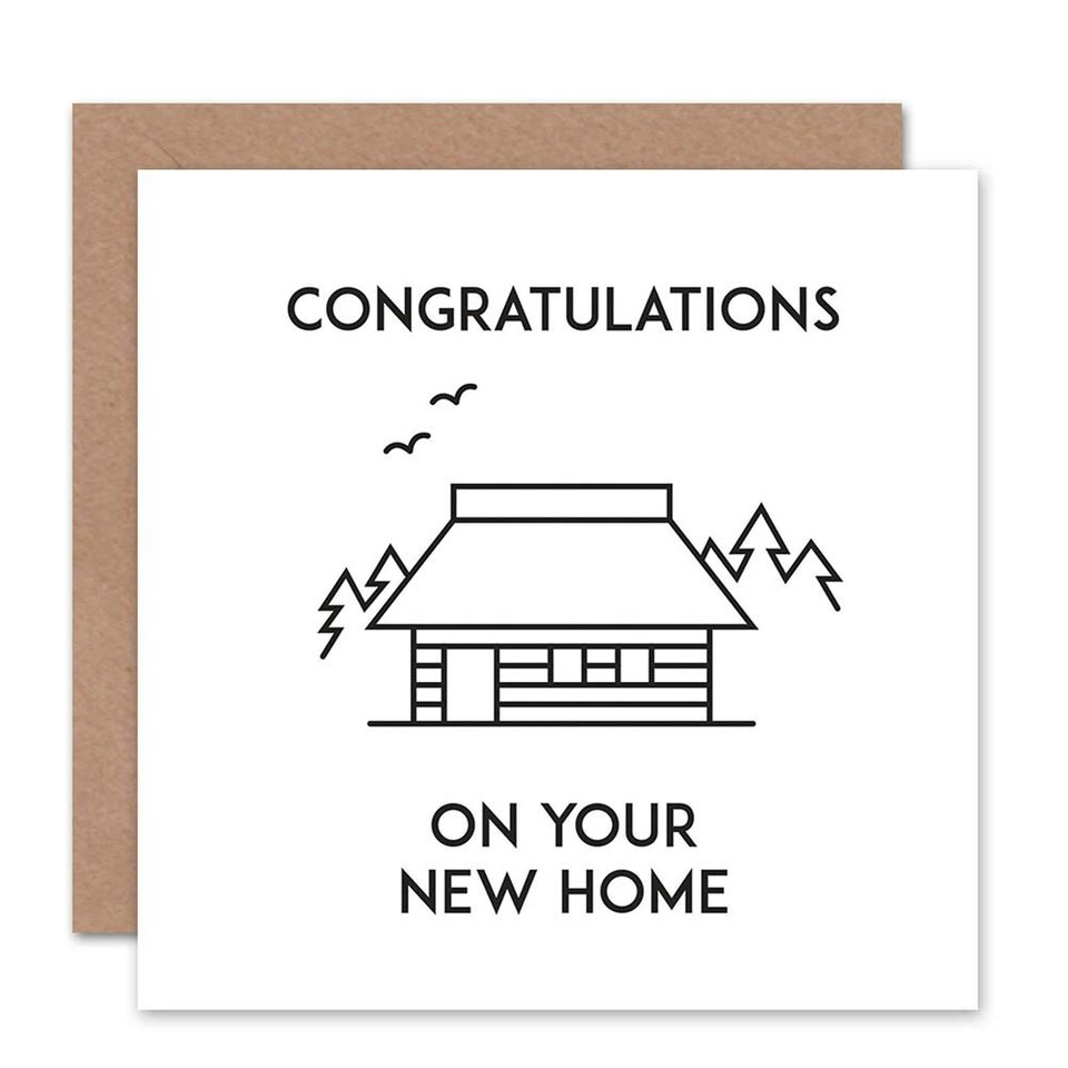 image 1 of Forest Cabin House Congratulations Black White Modern New Home Card