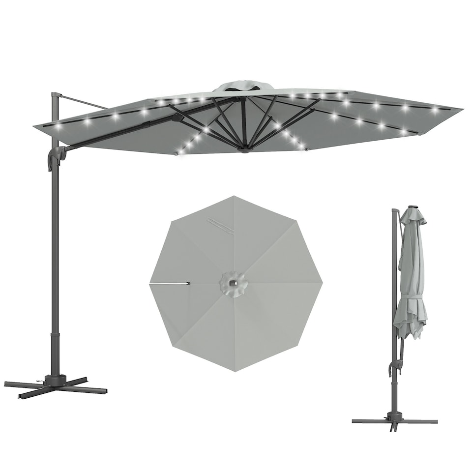 image 1 of Outsunny 3(m) Cantilever Parasol Patio Sun Umbrella w/ Base Solar Lights Grey