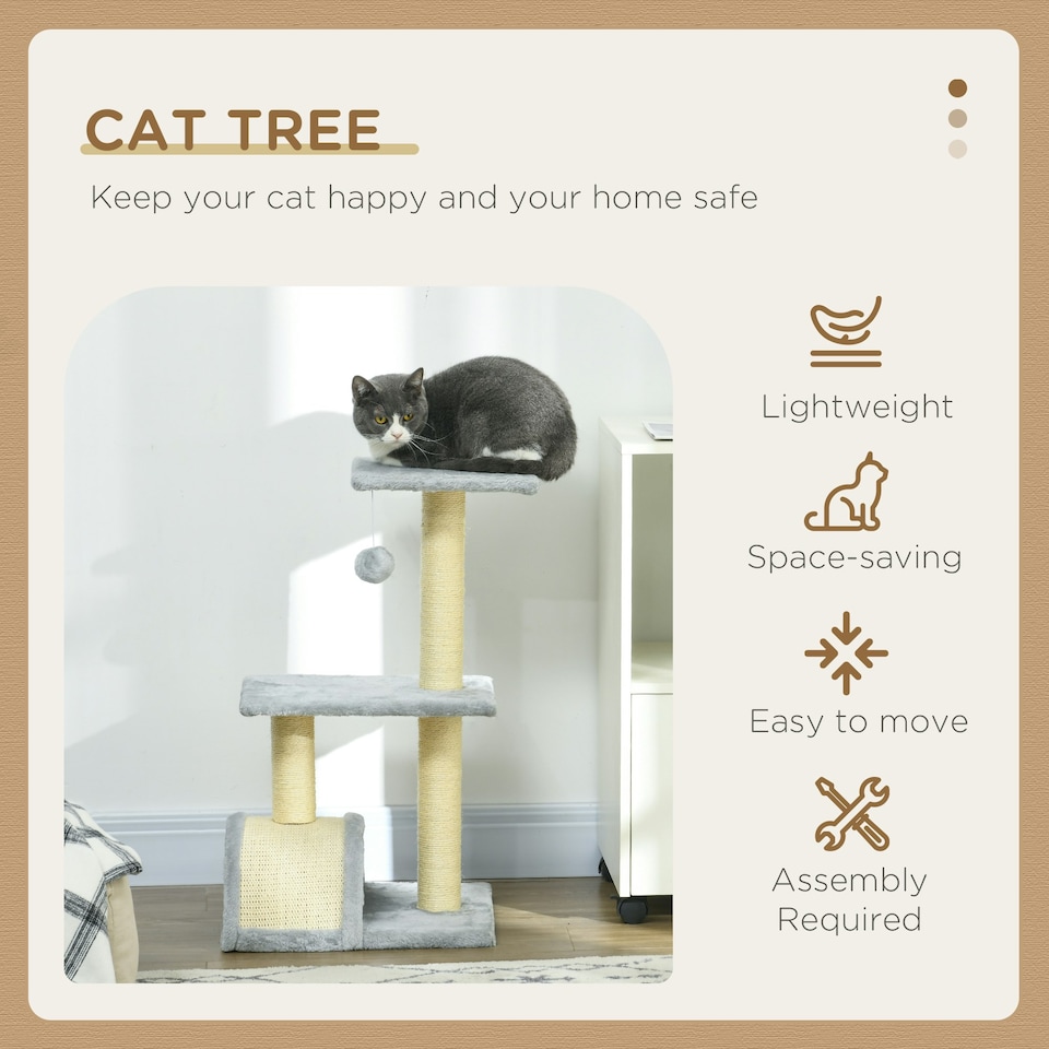 image 1 of PawHut 72cm Cat Tree Tower with Scratching Post Perch, Indoor, Light Grey