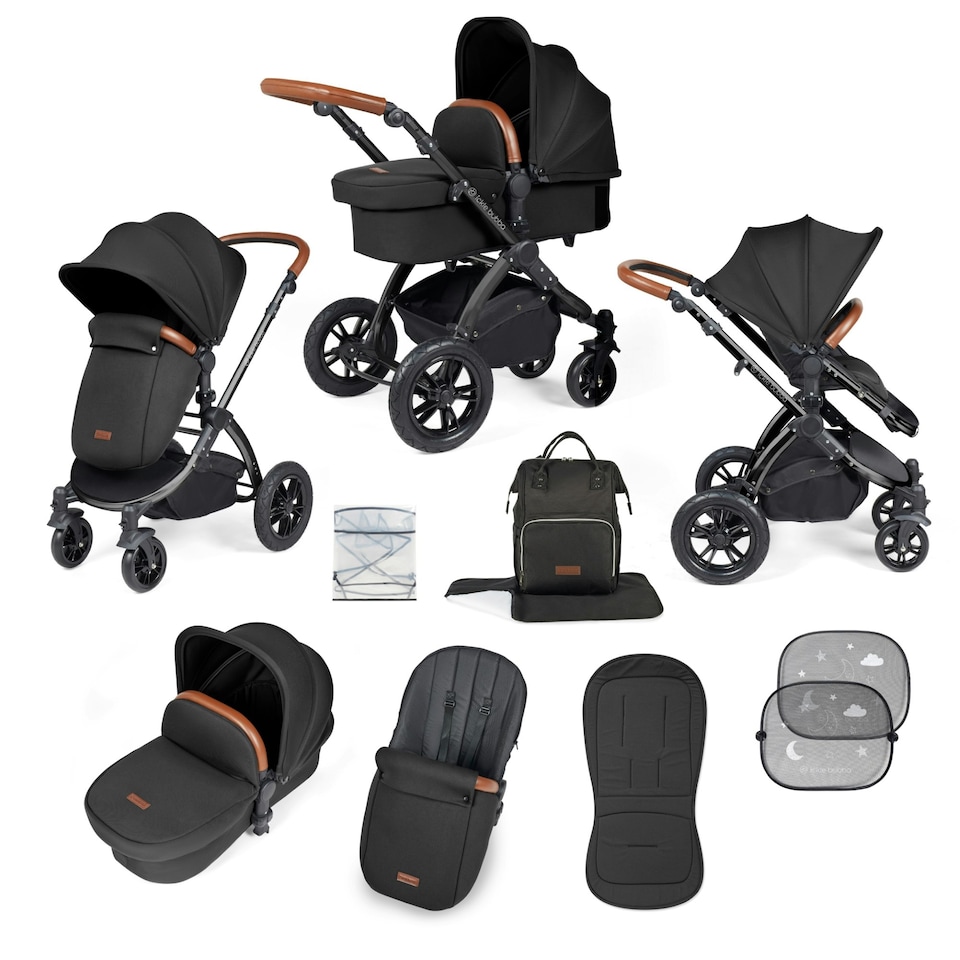 image 1 of Stomp Luxe 2-in-1 Pram – Birth to Approx. 4 Years, Foldable, All-Terrain, Rain Cover, Footmuff, Puncture-Proof Wheels & More (Black/Midnight/Tan)