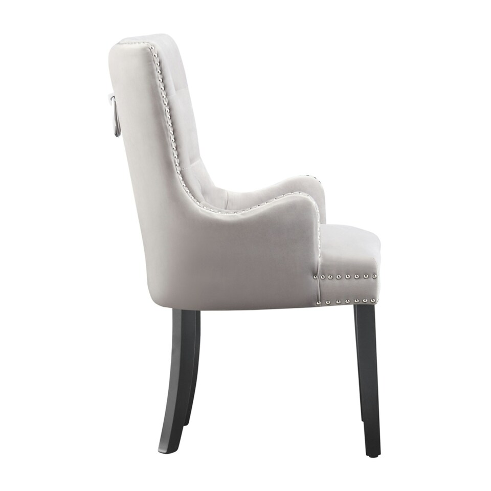 image 1 of Set of 4 Velvet Dining Chairs with Armrest, Ergonomic Scoop Knockerback & Button Tufted Wood Legs Grey | Light Grey