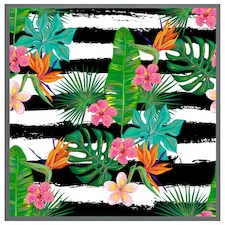Tropical plants on black & white stripes (Picutre Frame) Grey | S