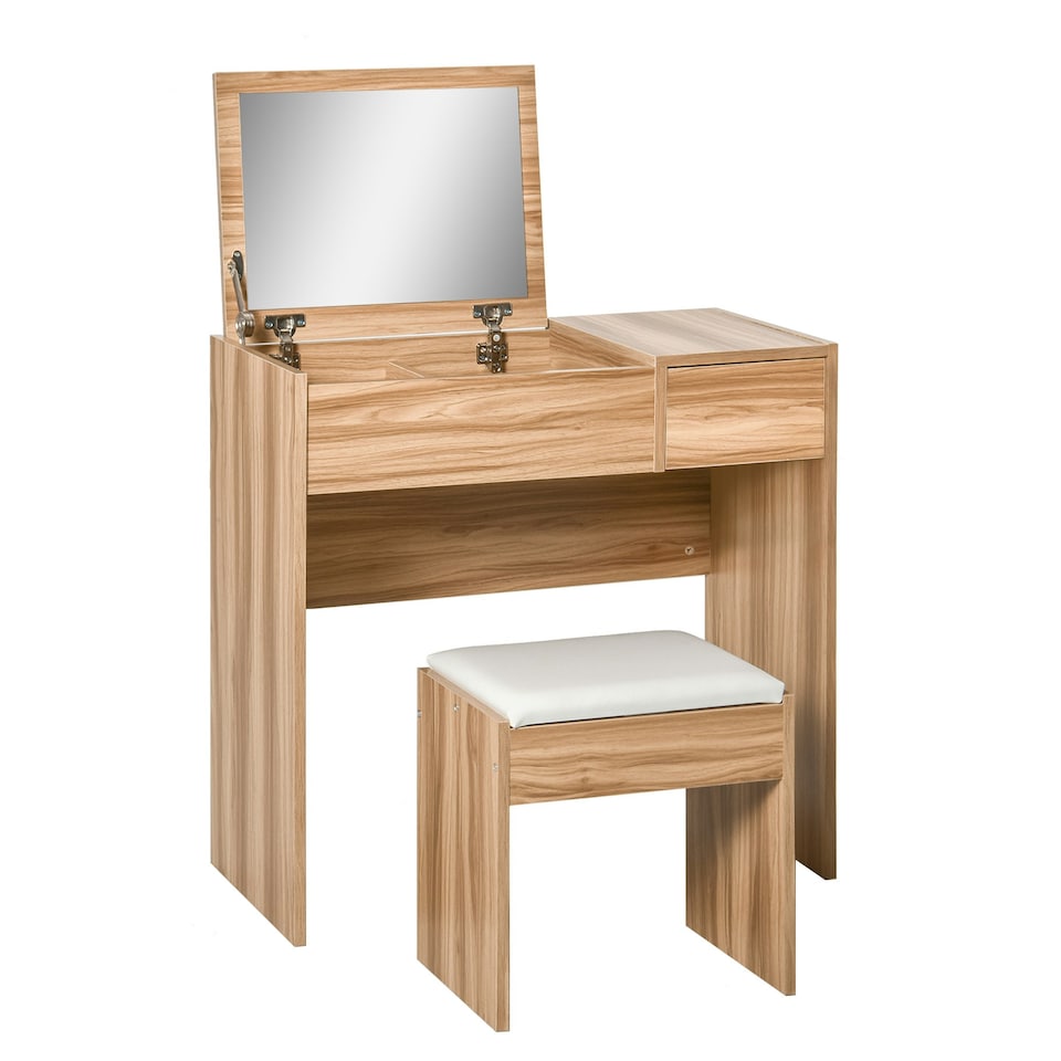 image 1 of HOMCOM Dressing Table Set Cushioned Stool Flip-up Mirror Drawer Chipboard Wood