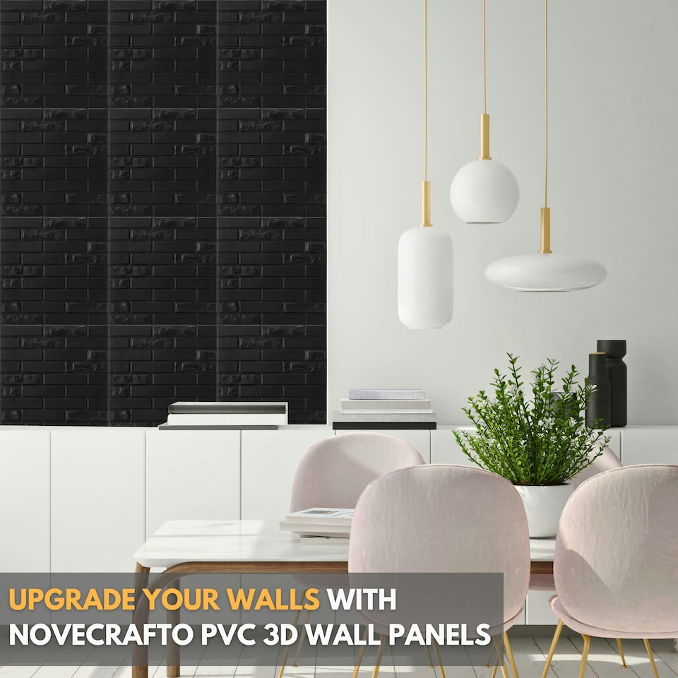 image 1 of NOVECRAFTO Brick Effect 3D Wall Panels – 6 Sheets Covering 1.5m² | 16.15ft² Interior Cladding Set | Urban Brick Design – Each Panel 50x50cm Urban Brick Black