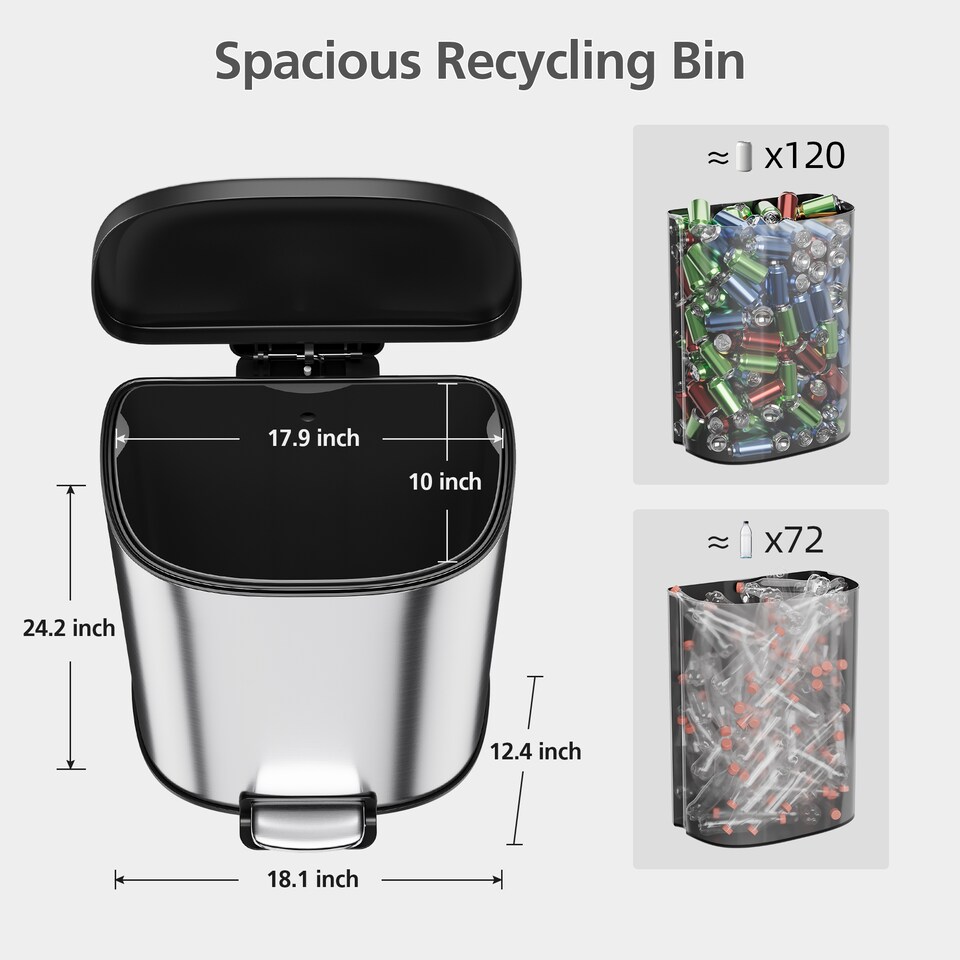 image 1 of London Boutique Stainless 50L Pedal Bin with Soft Close Lid &  Removable Inner Bucket (W)46cm (D)31cm (H)62cm - Silver