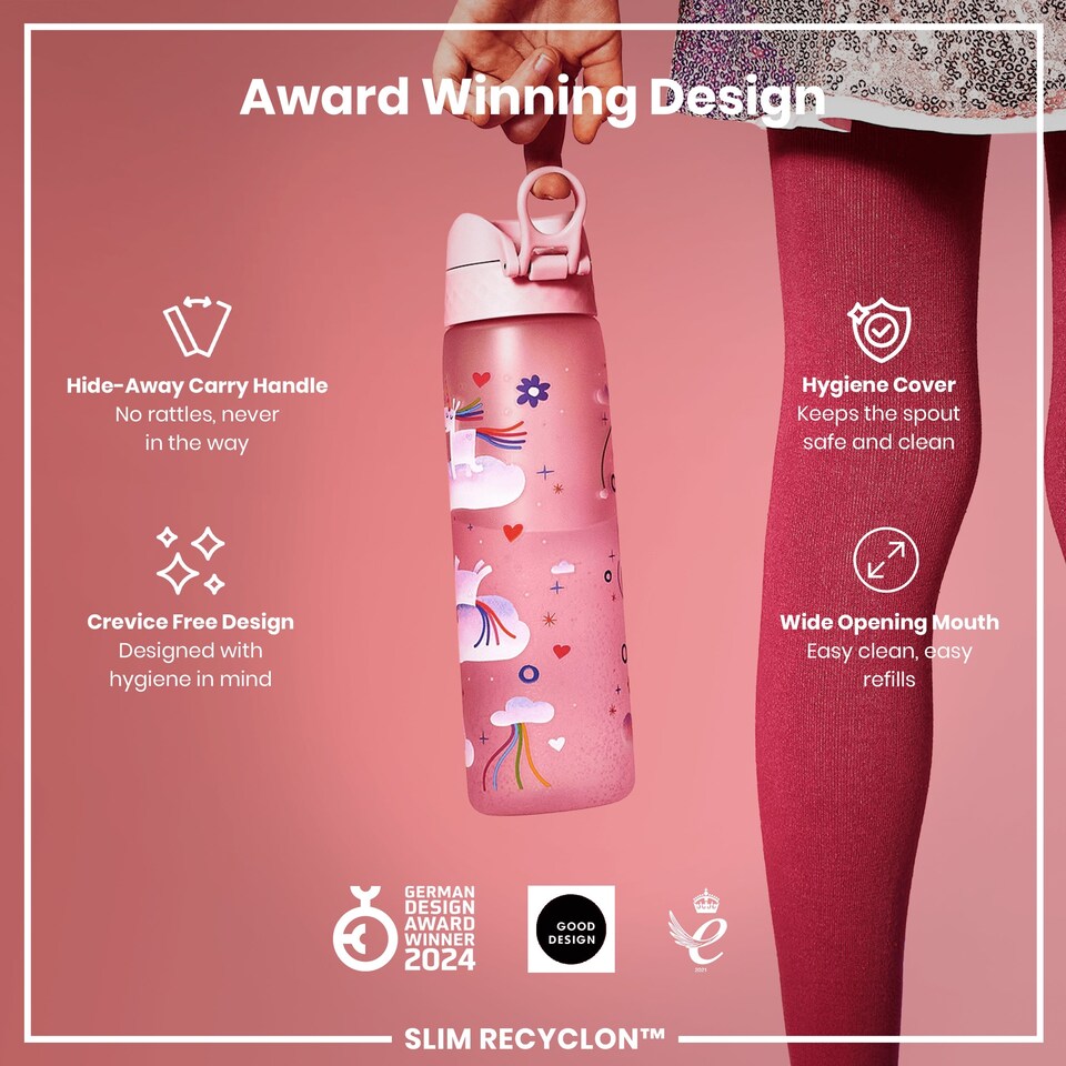 image 1 of Leak Proof Slim Water Bottle, BPA Free, 500ml (18oz) | Pink | Unicorn Rainbows | One Size