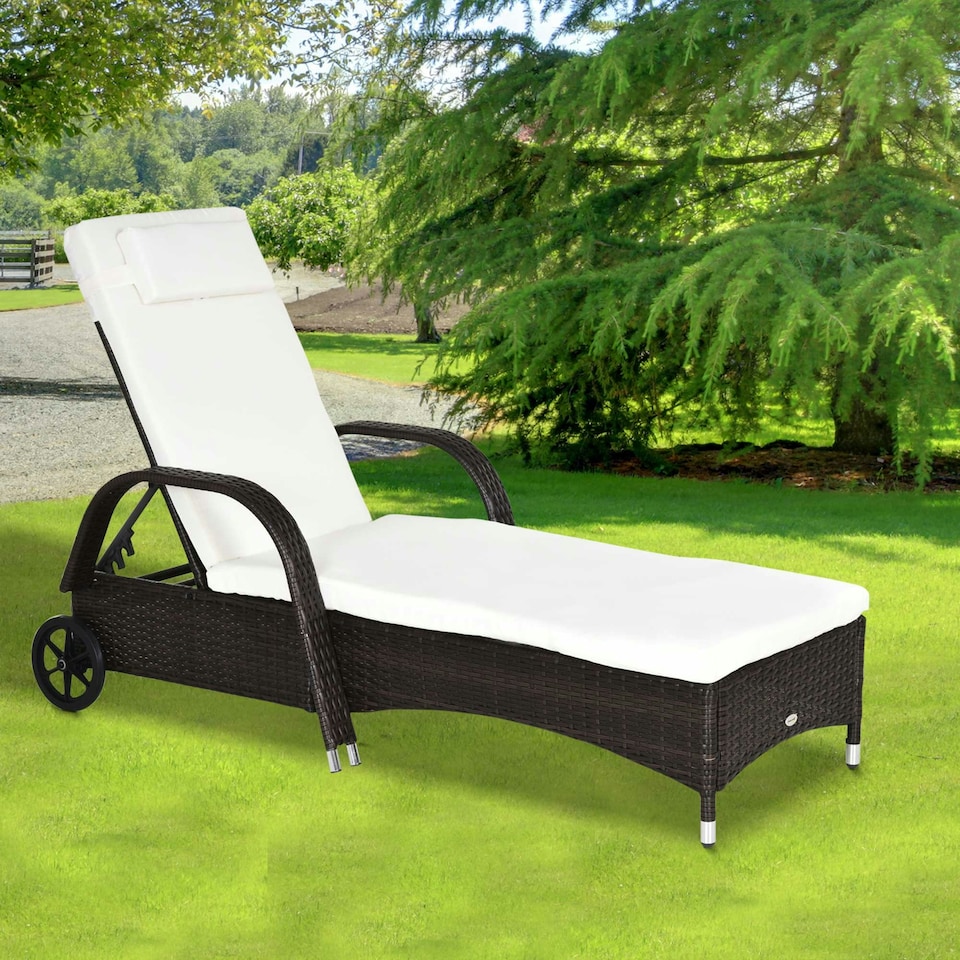 image 1 of Outsunny Adjustable Wicker Rattan Sun Lounger Recliner Chair Brown