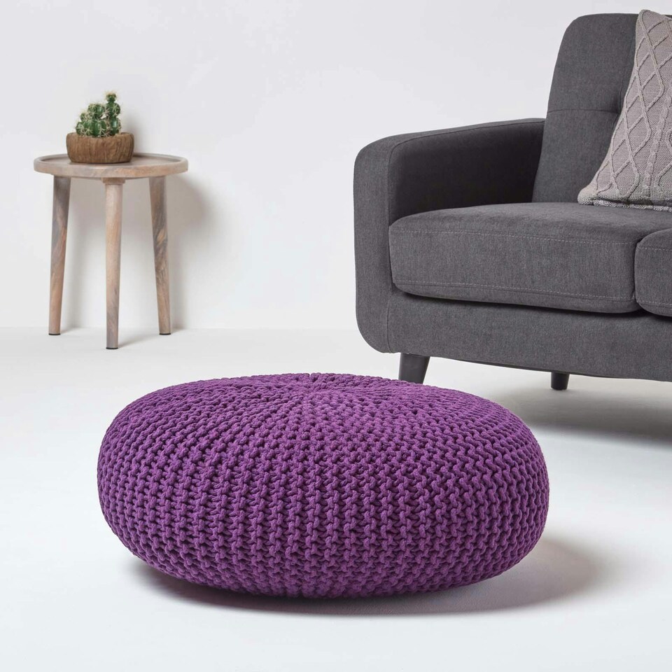 image 1 of Homescapes Deep Purple Large Round Cotton Knitted Pouffe Footstool