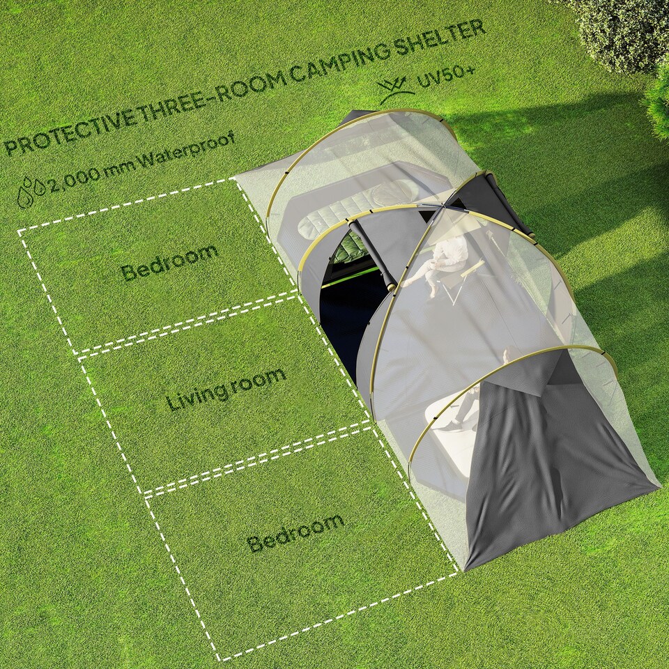 image 1 of Outsunny 4-6 Man Tunnel Tent with 2 Bedroom, Living Area and Vestibule, Large Camping Tent with Groundsheet, 2000mm Waterproof, UV50+, Portable Bag, for Fishing Hiking Festival, Grey and Yellow