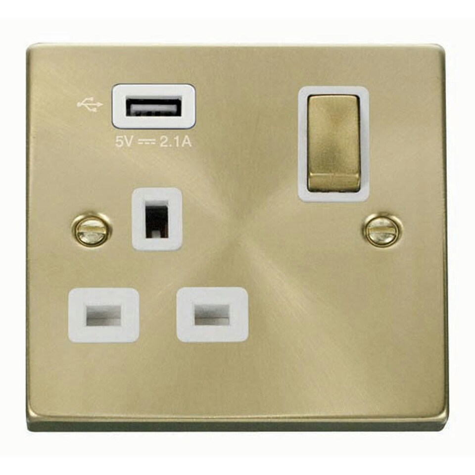 image 1 of SE HOME Satin / Brushed Brass 1 Gang 13A DP Ingot 1 USB Switched Plug Socket White | Satin Brass