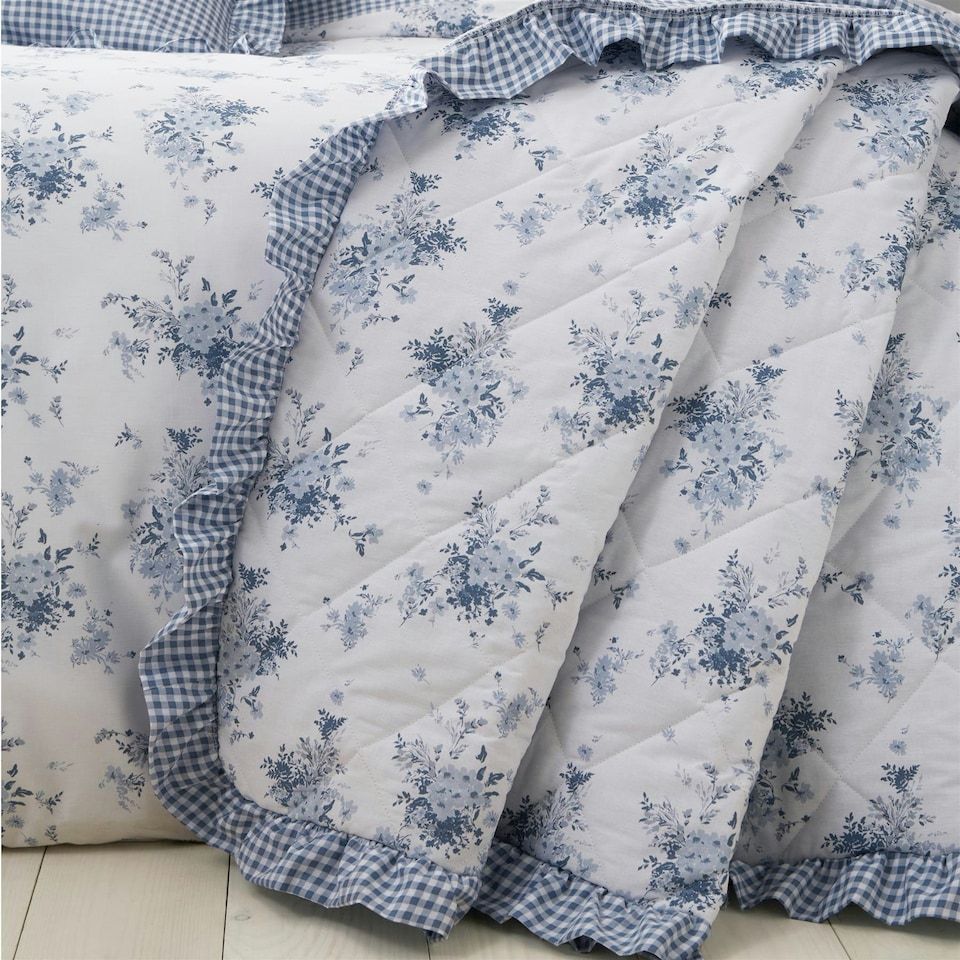 image 1 of Catherine Lansfield Lucie Floral Frill Blue Bedspread | Multi