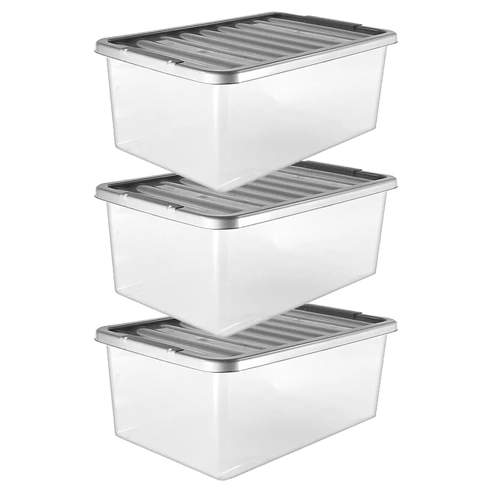 image 1 of 4 x 32 Litre Underbed Multipurpose Storage Boxes With Silver Lids