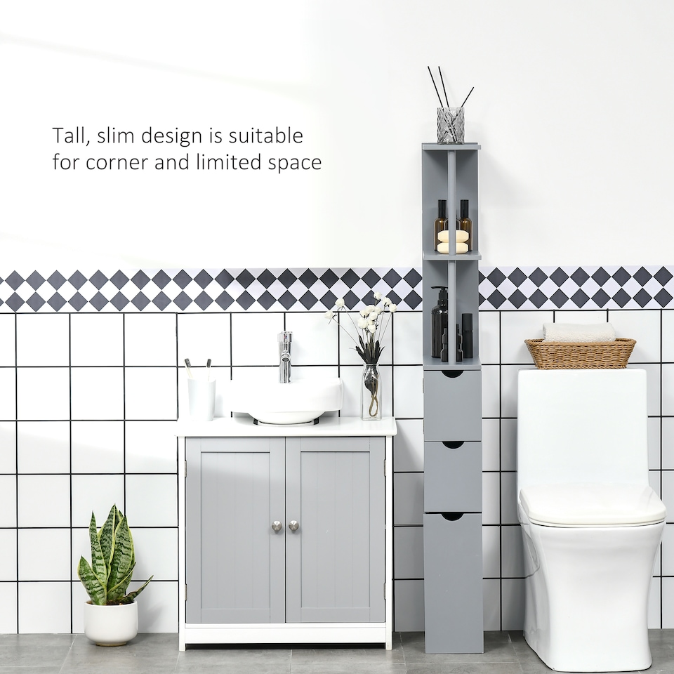 image 1 of HOMCOM Tall Bathroom Storage Cabinet with Shelf and Drawers, Grey
