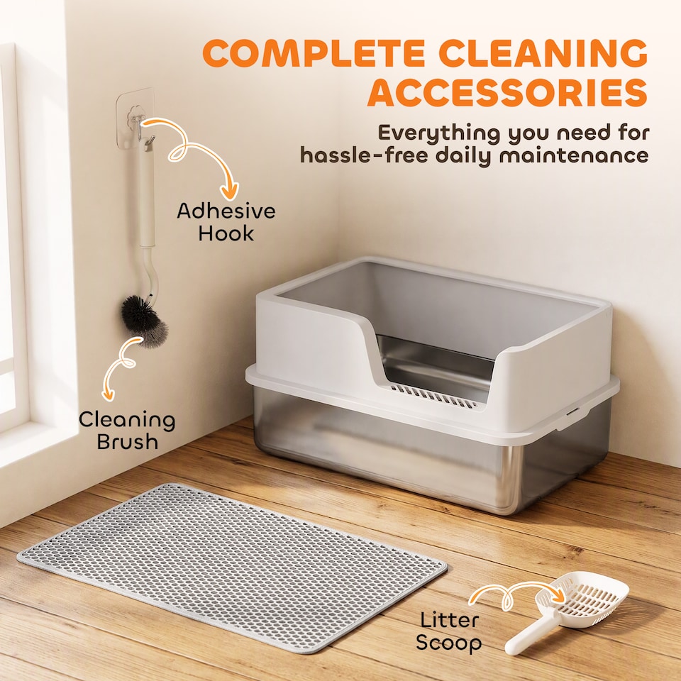 image 1 of PawHut XL Stainless Steel Cat Litter Tray w/ Lid, High Sided Cat Litter Box