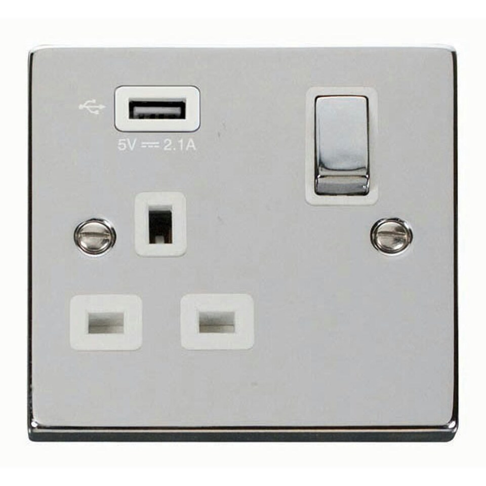 SE HOME Polished Chrome 1 Gang 13A DP Ingot 1 USB Switched Plug Socket White | Polished Chrome