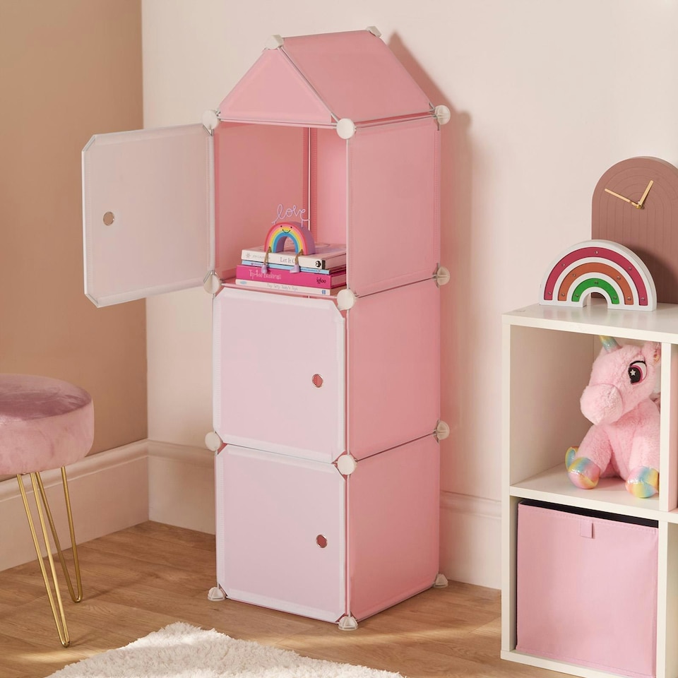 image 1 of OHS Kids Cube Castle Storage Tower Modern Space Saving Clothes Shoes Toys 3 Boxes Organiser Unit Pink