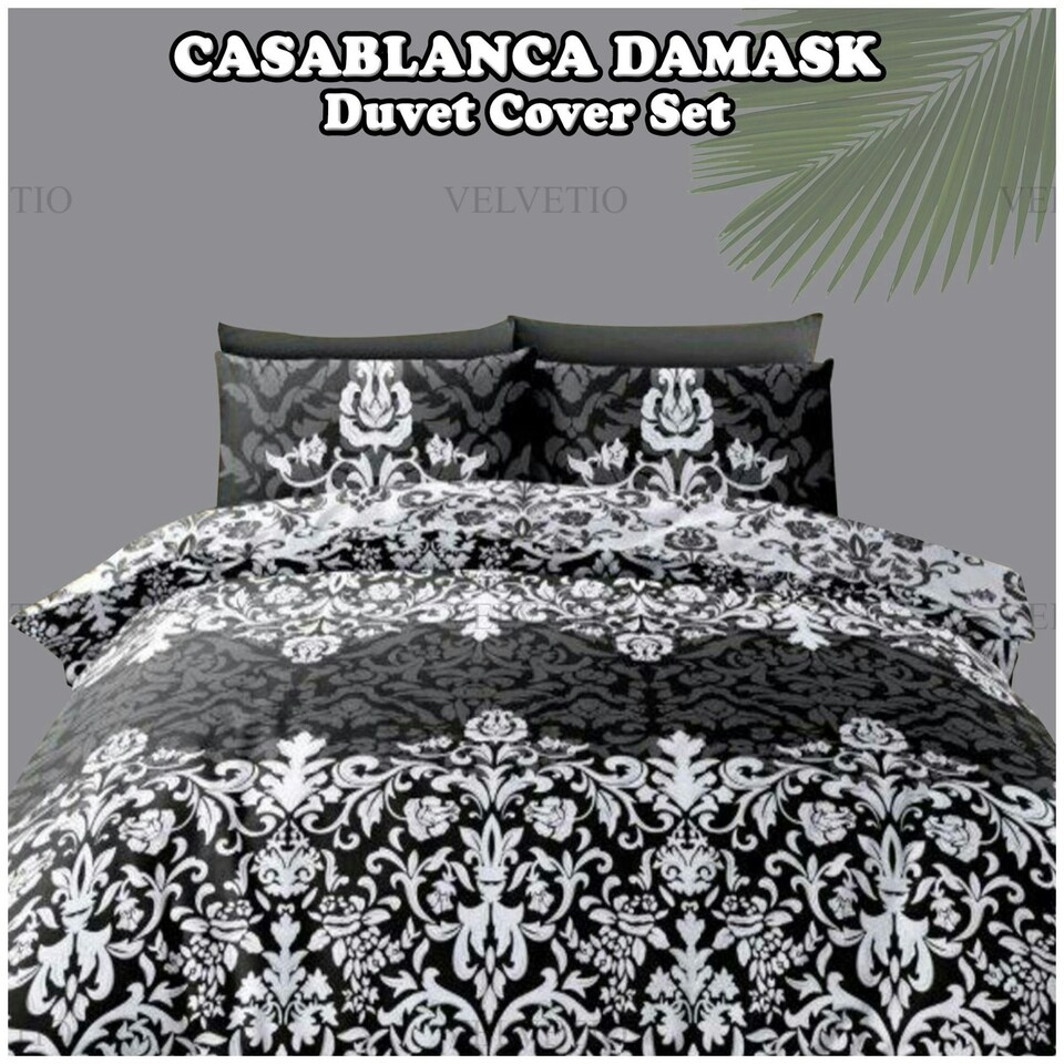 image 1 of VELVETIO Casablanca Damask Complete Duvet Cover Set with Fitted Sheet Soft Printed Bedding Bedset Black | Double