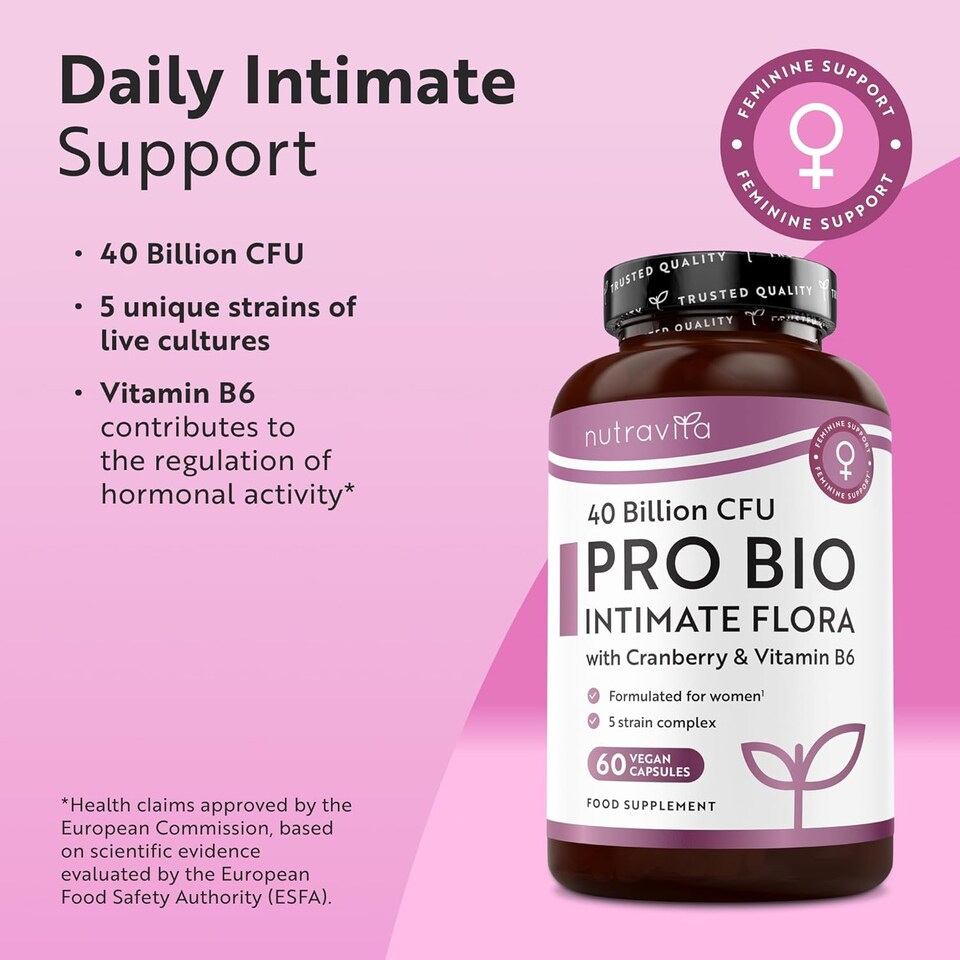 image 1 of Nutravita Probiotics for Women - 40 Billion CFU 5-Strain Probiotic - Vitamin B6 & Cranberry - Bio Cultures for Women's Intimate Flora - 60 Capsules