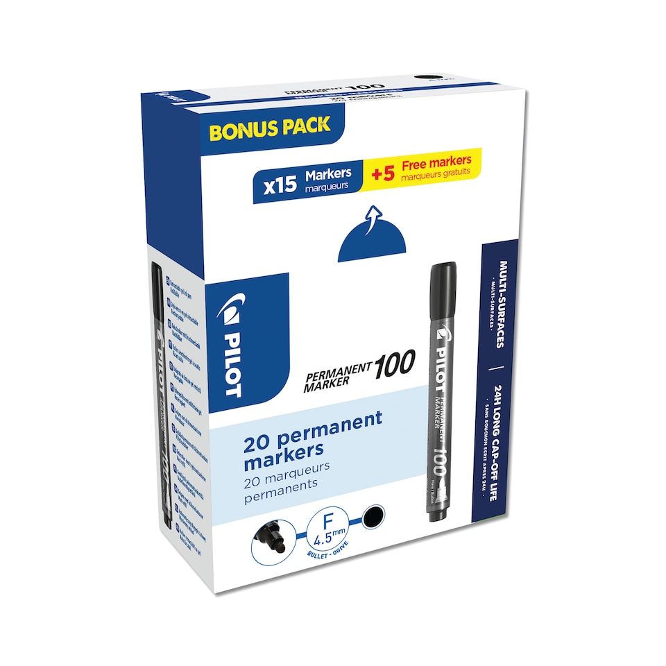 image 1 of Pilot 100 Permanent Markers Black Bullet Tip Value Pack 20