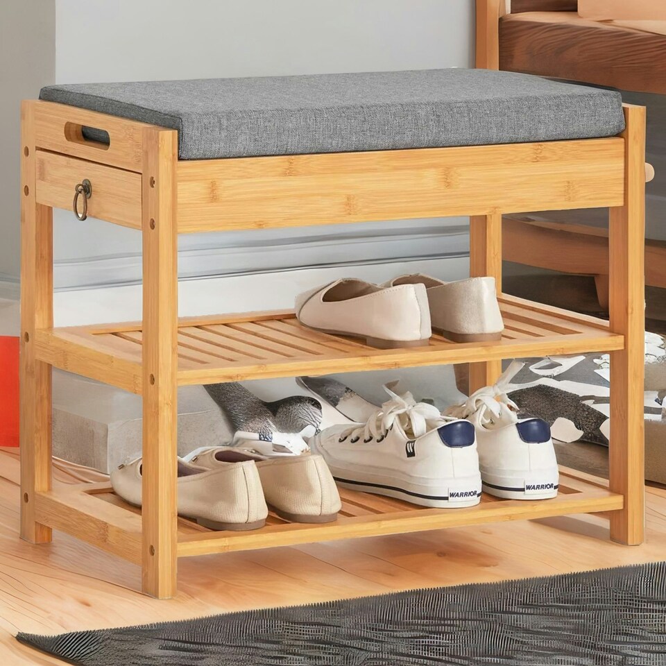 image 1 of Wooden Shoe Storage Bench With Hidden Drawer & Cushioned Seat Brown
