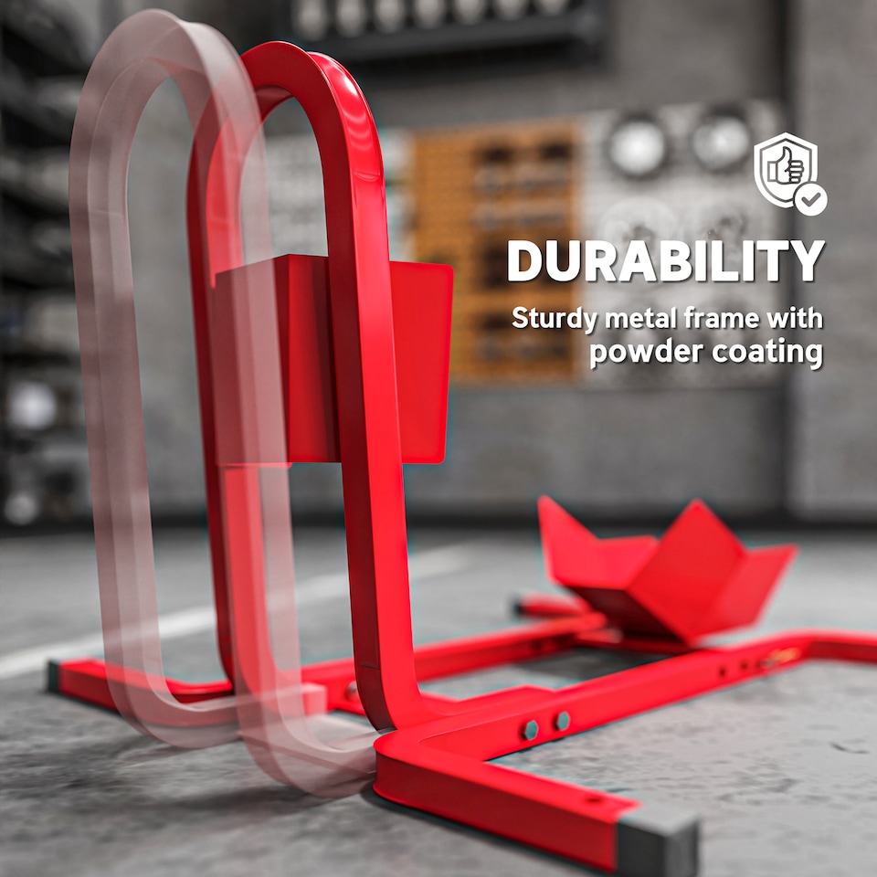 image 1 of HOMCOM Adjustable Motorcycle Wheel Chock Motorbike Holder with Metal Frame | Red | Red | 60cmx55cmx43cm