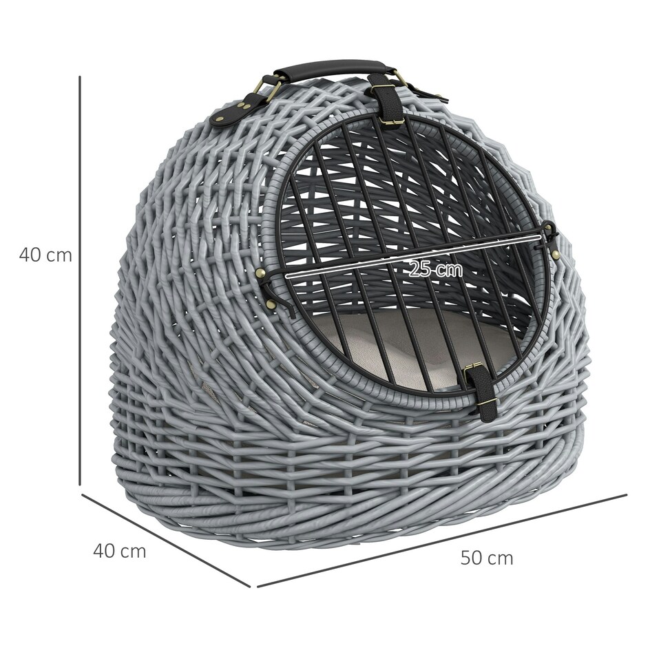 image 1 of Wicker Cat Basket W/ Mat Handle Kitten Pussy Enclosed Bed Portable - Grey