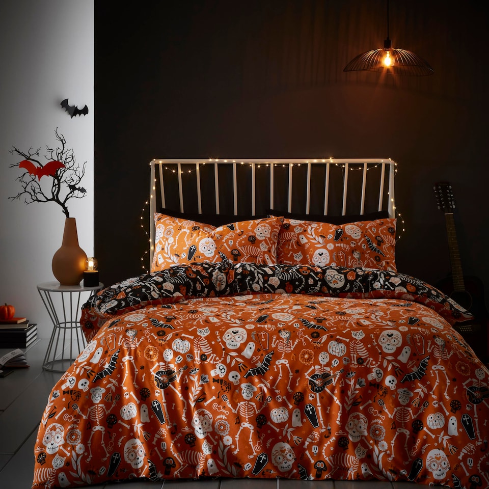 image 1 of Bedlam Halloween Day of the Dead Duvet Cover Set Black/Orange