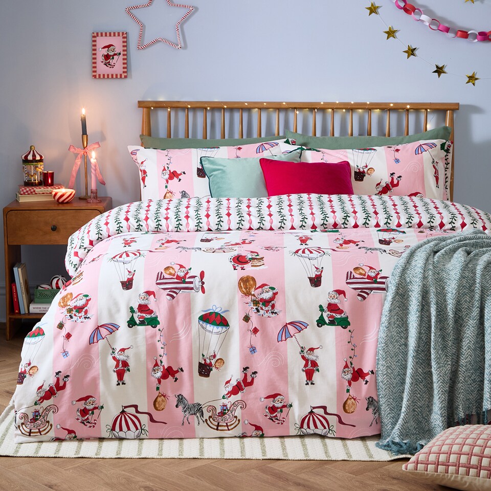 image 1 of Furn Passport To The North Pole Christmas Reversible Duvet Cover Set, Candy Floss/Linen, Double