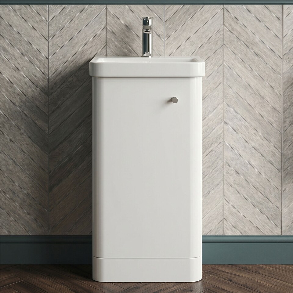 image 1 of Balterley Curve Modern Bathroom Floor Standing 1 Door Vanity Unit Basin | White | Gloss White