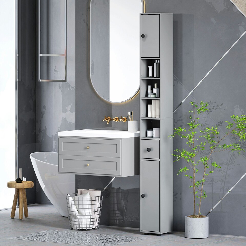 image 1 of kleankin Slim Bathroom Cabinet w/ Open Shelves and 2 Door Cupboards, Grey Grey