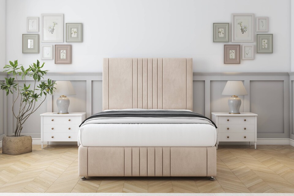 image 1 of Sloomy Harrington Sand Naples Divan Bed With Mattress 2 Drawers Right Side With 26" Strutted Headboard & 12" Matching Footboard 5' King | Cream | Sand | King | 1