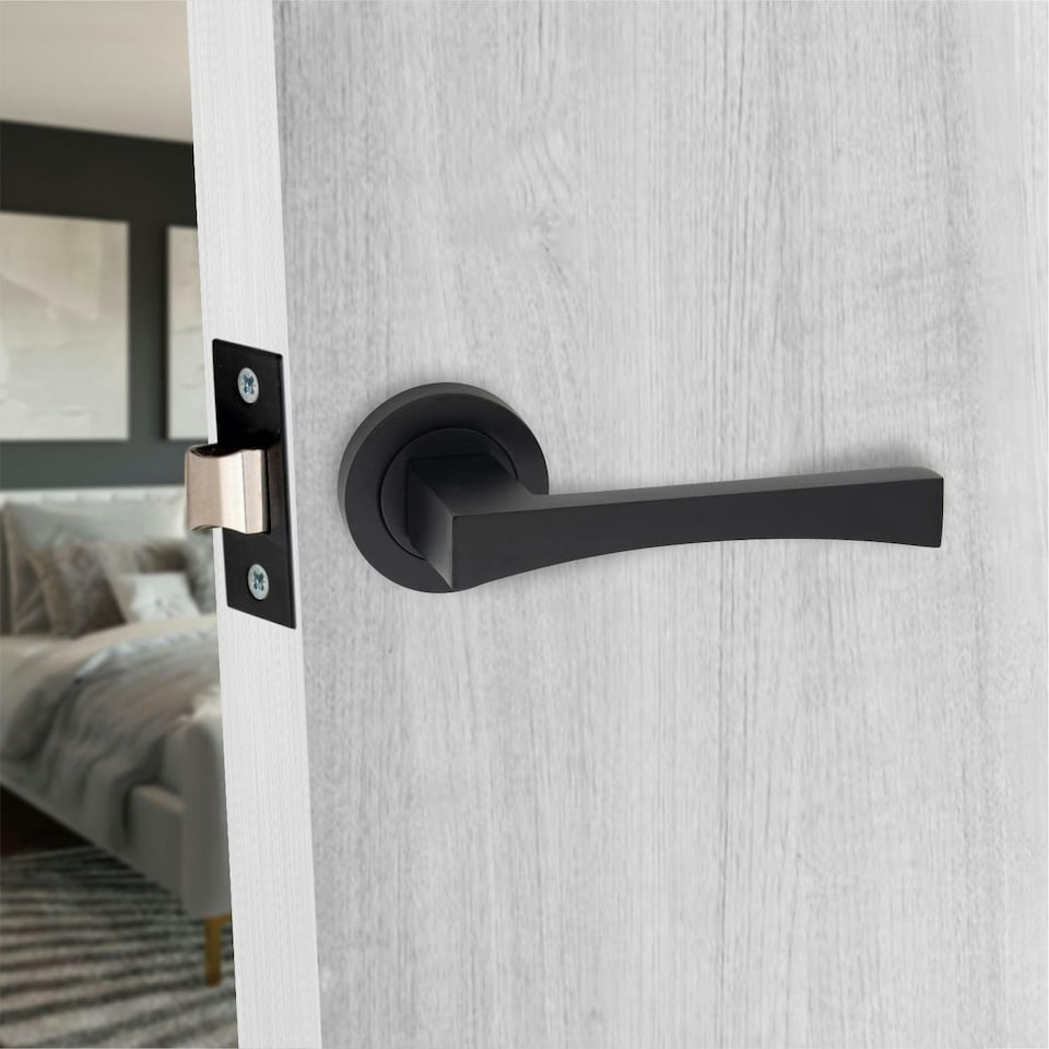 image 1 of Golden Grace Wave Handle Set on Round Rose in Matt Black Finish with 64mm 3 Lever Mortise Lock and Key Hole | Black | 1 Set