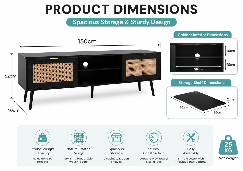 image 1 of Modern Black Rattan TV Stand Cabinet with Two Cupboards and Shelves TV Unit - W150 x D40 x H52cm