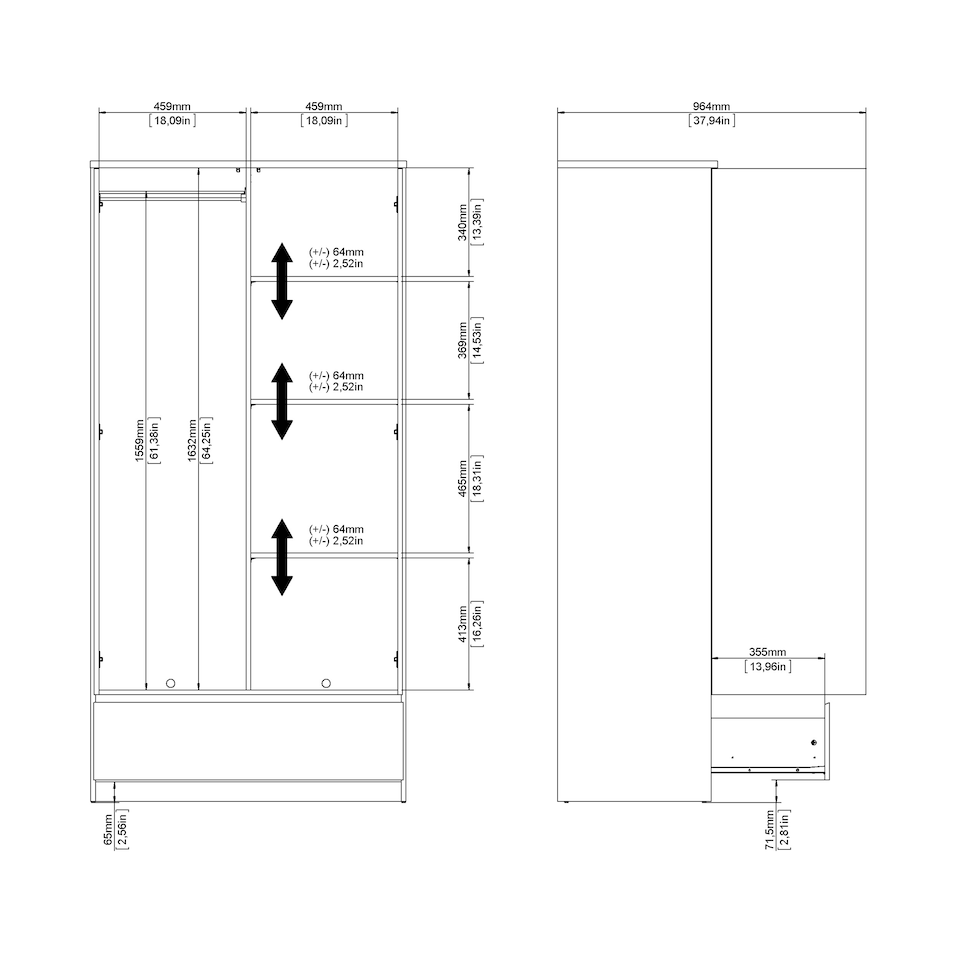 image 1 of Naia Wardrobe with 2 Doors 1 Drawer in White High Gloss