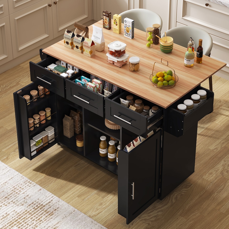 image 1 of VILUXE Mobile Kitchen Island with Foldable Marble-Effect Worktop, 3 Drawers, Adjustable Storage, Towel Holder, Wheels and Solid Wood Feet, Black and Natural Wood